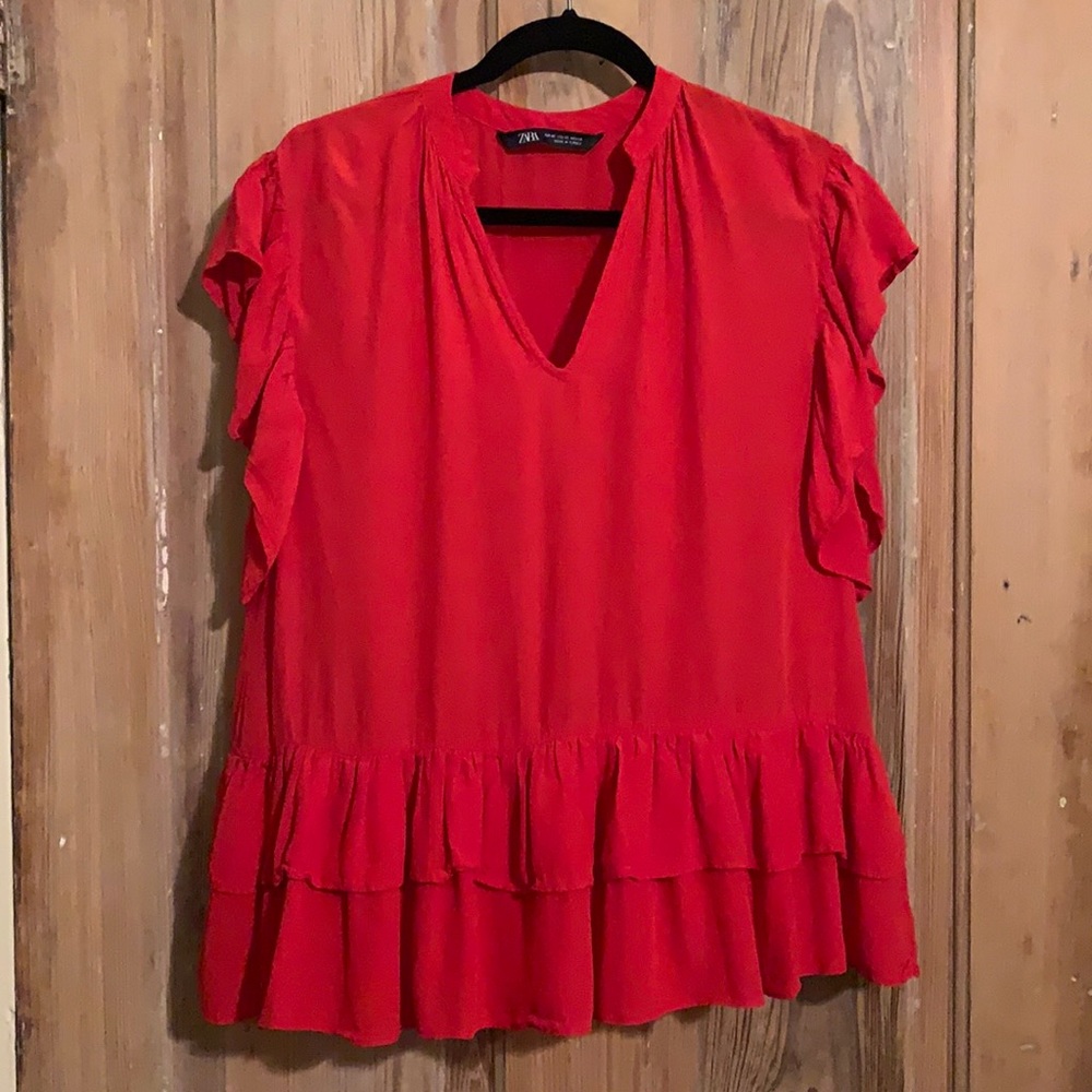 ZARA vibrant red flutter layer top